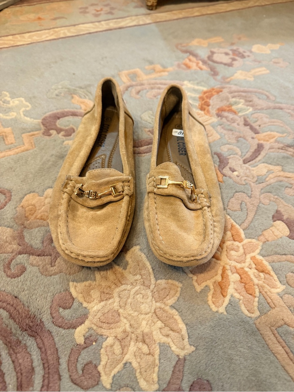 Beige Suede Women's Loafers with Gold Hardware